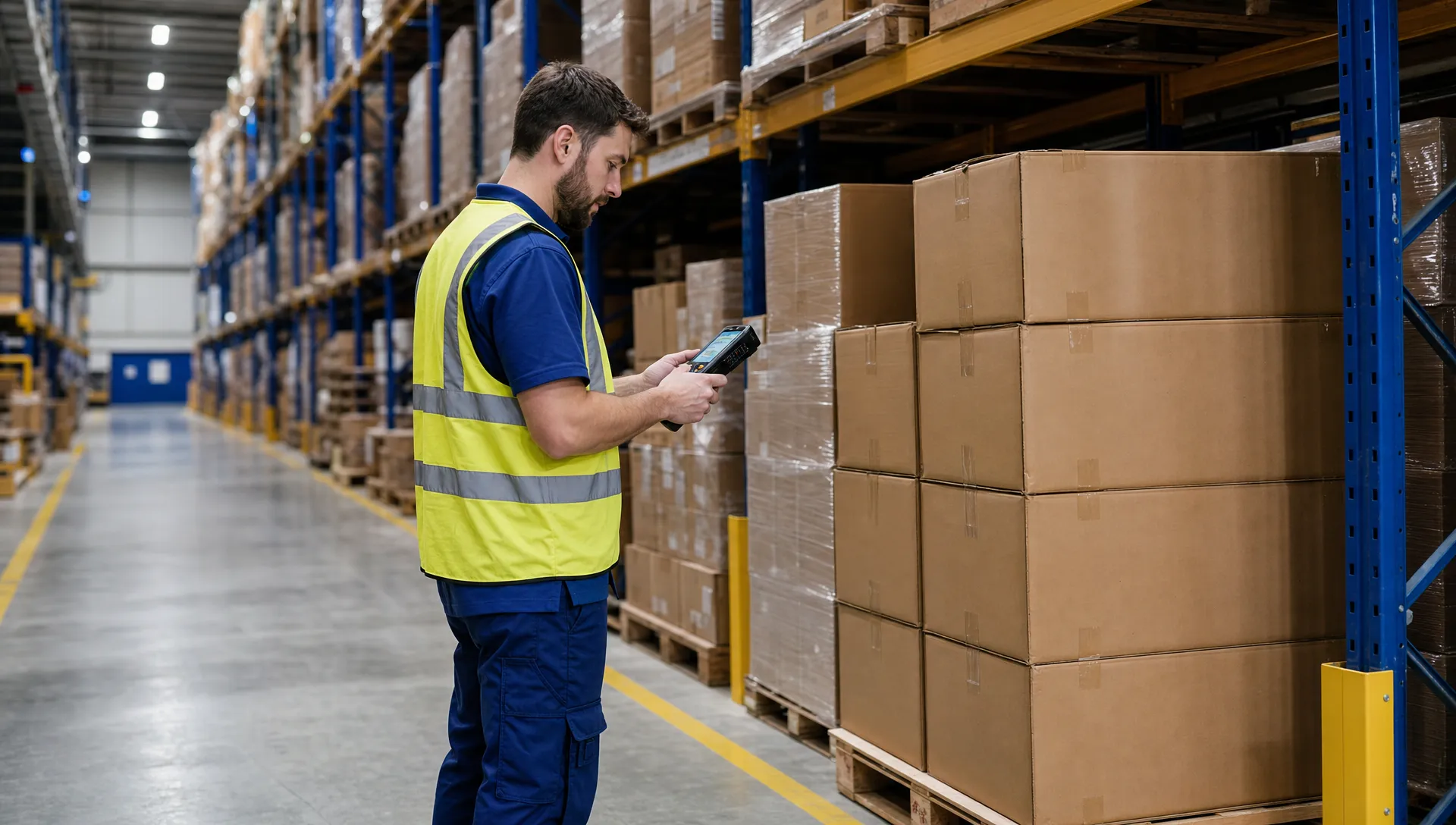 What to Do When Your Fulfilment Costs Are Rising Without Explanation 1 A warehouse worker checks stock on a handheld device beside unbranded pallets and cartons in a tidy aisle.