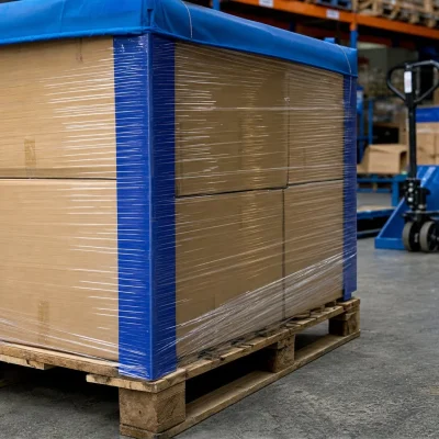 A wrapped pallet corner in a UK warehouse shows the packing details that help reduce damage in transit.