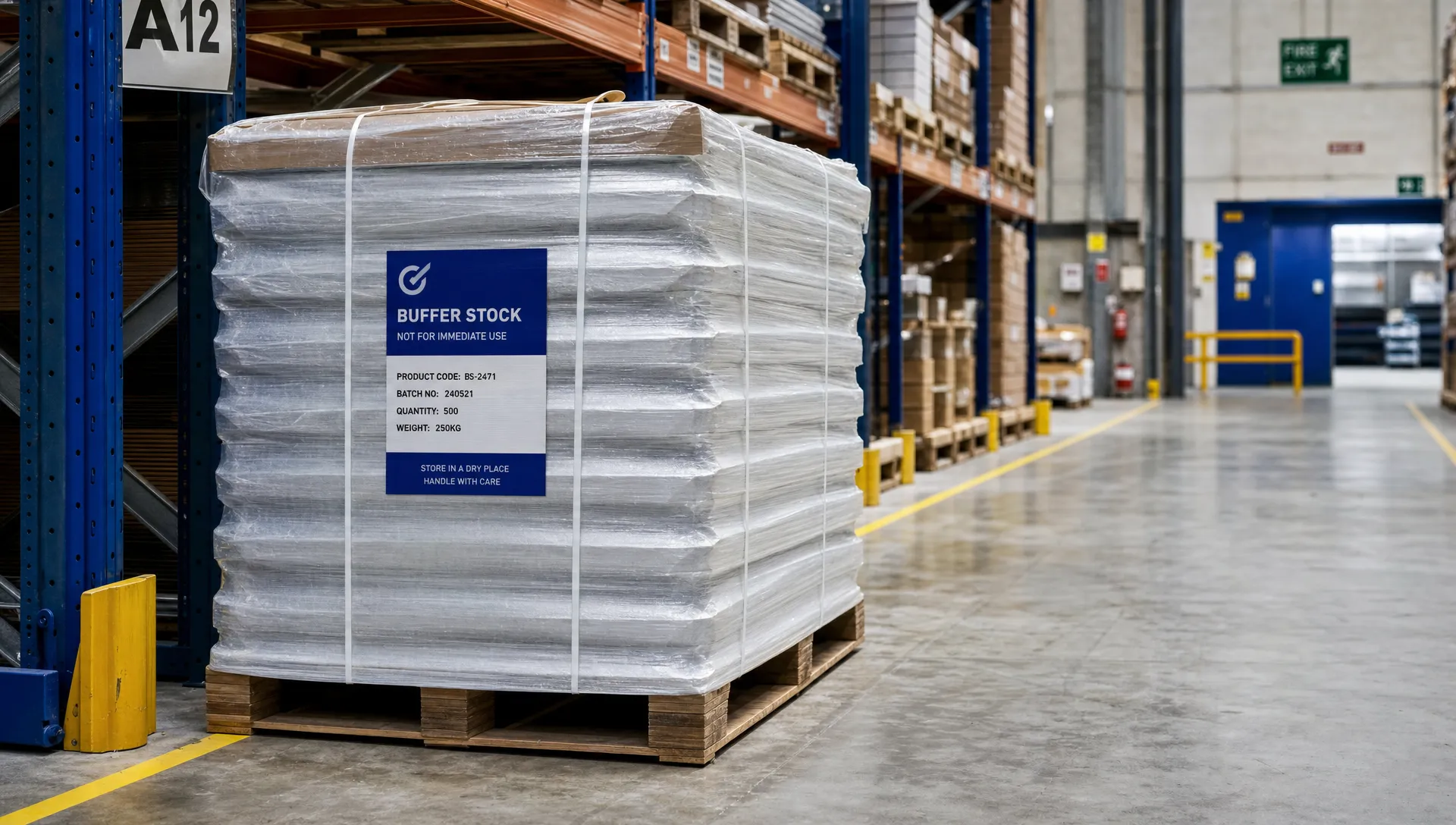 What Is Buffer Stock and When Does Your Business Need It? 1 A wrapped pallet of buffer stock sits in a UK warehouse aisle beside racking and clear floor space.