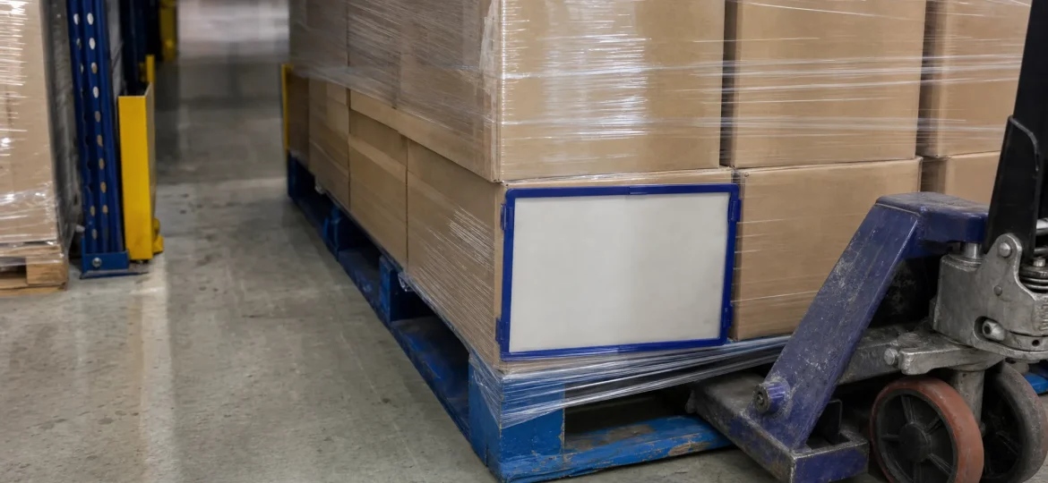 A wrapped reserve pallet and pallet truck wheel sit beside a narrow aisle in a UK warehouse storage area.