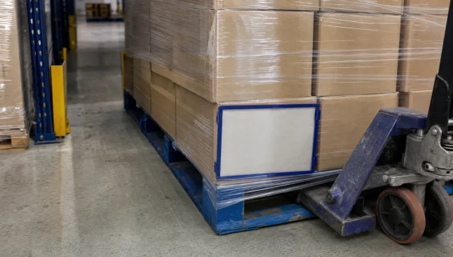 A wrapped reserve pallet and pallet truck wheel sit beside a narrow aisle in a UK warehouse storage area.