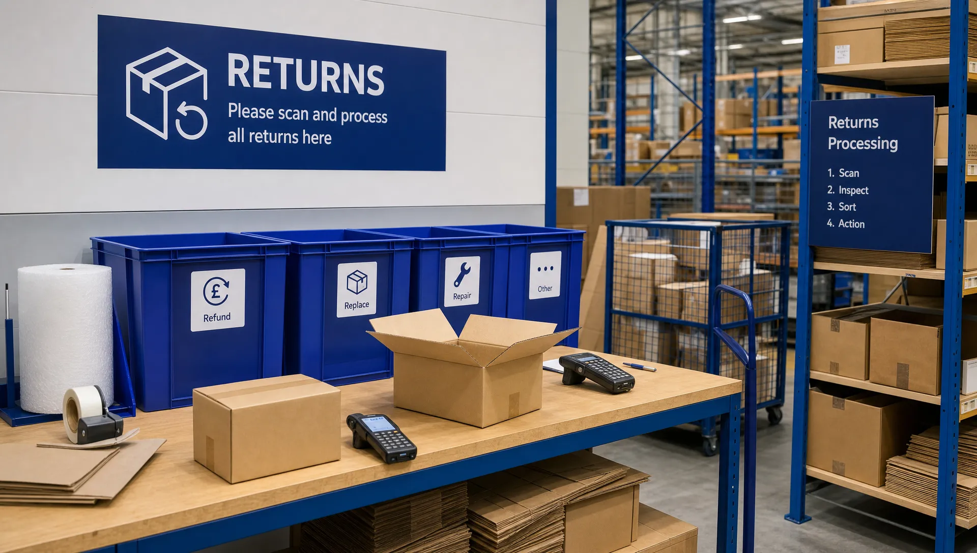 An organised returns area in a UK warehouse with plain parcels, open boxes, sorting bins, packing materials and handheld scanners on a workbench.