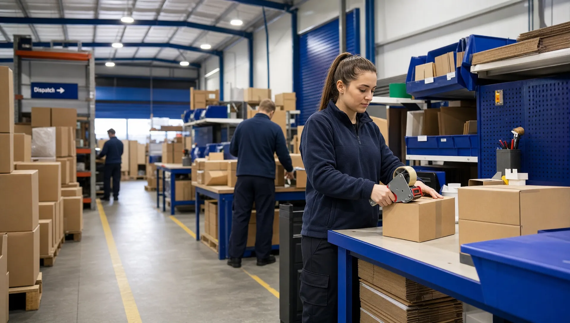 How to Improve Delivery Times Without Raising Costs 1 An organised UK warehouse packing area with plain boxes, clear storage locations and workers in unbranded workwear preparing parcels.