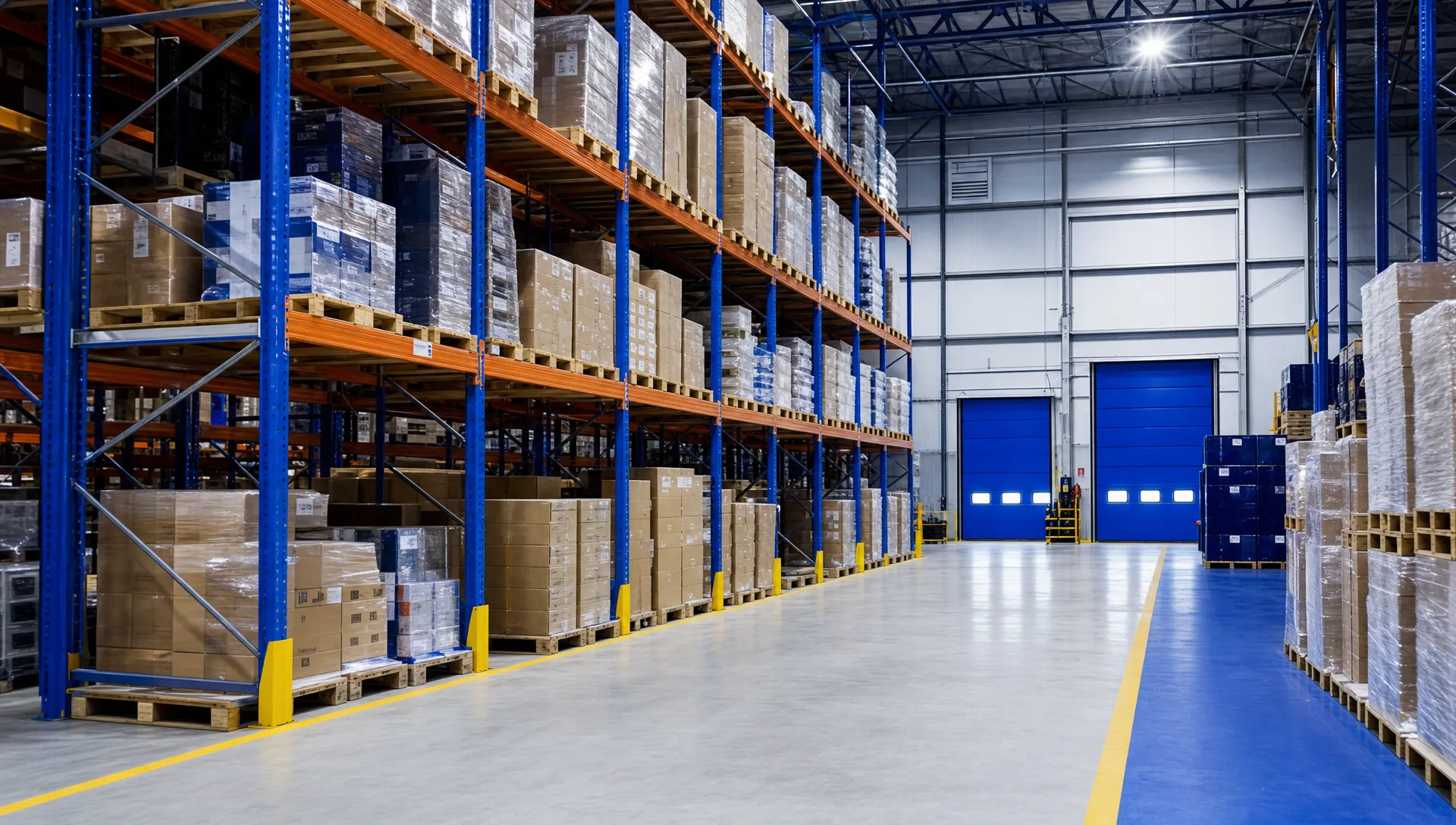 Where the UK's 3PL Warehousing Capacity Is Concentrated 1 An unbranded UK warehouse interior with pallet racking, stacked boxes and clear loading lanes.