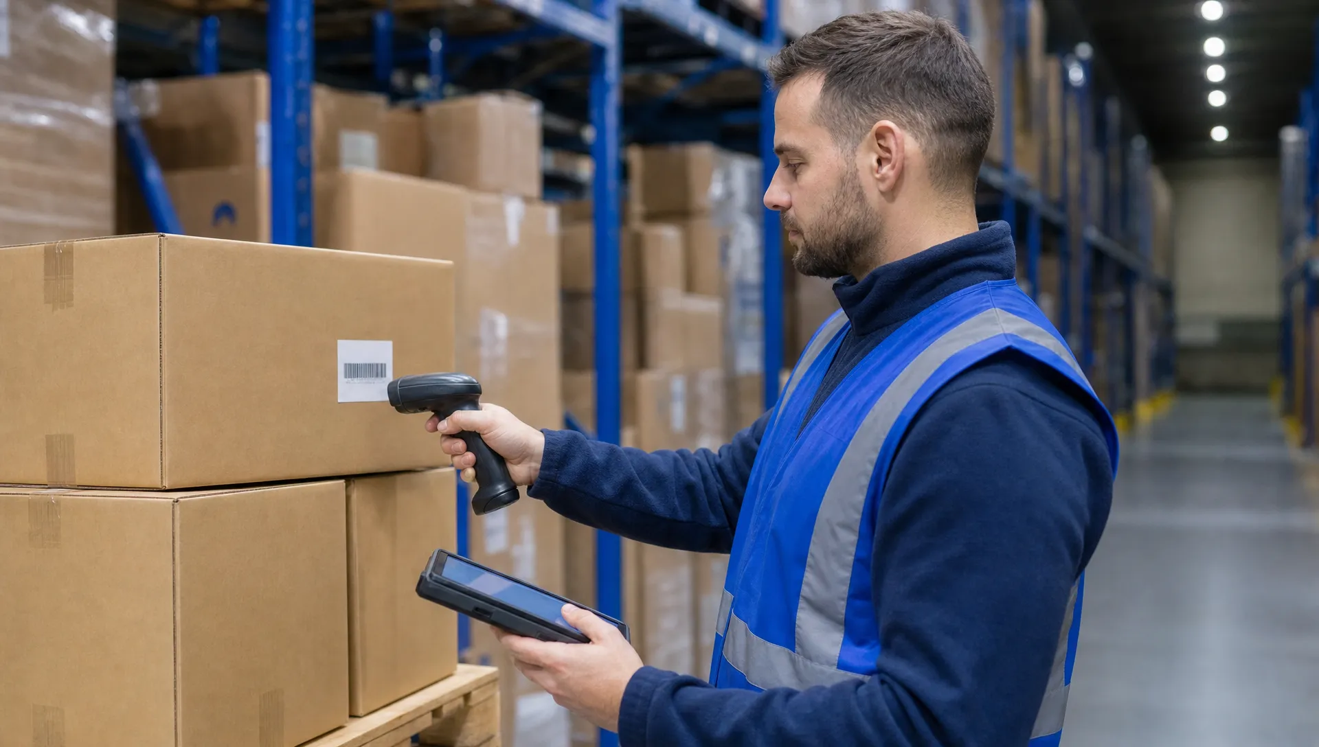 An unbranded warehouse operative scans a product label beside plain boxes and storage shelves for serial number tracking.