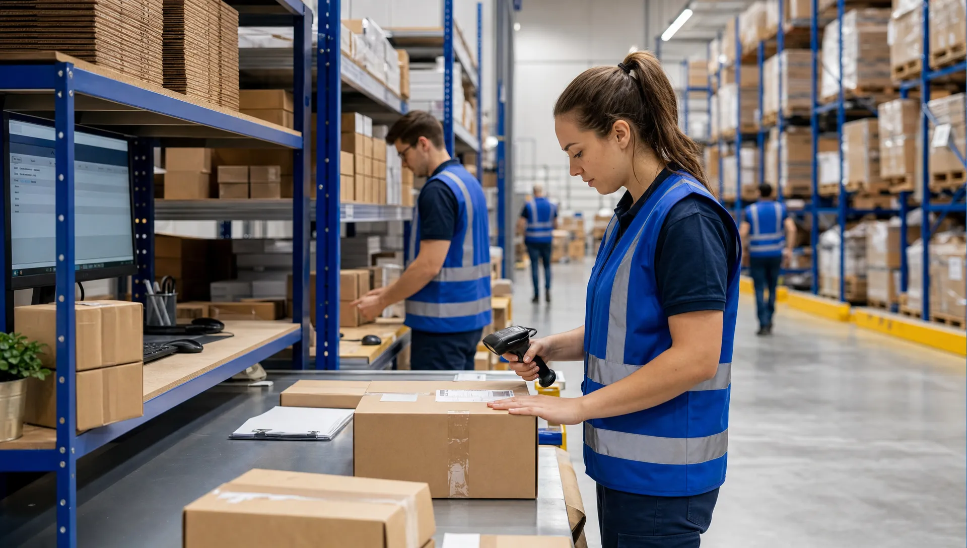 An unbranded warehouse packing area with plain cardboard boxes, barcode scanners, shelving and parcels being prepared for dispatch.