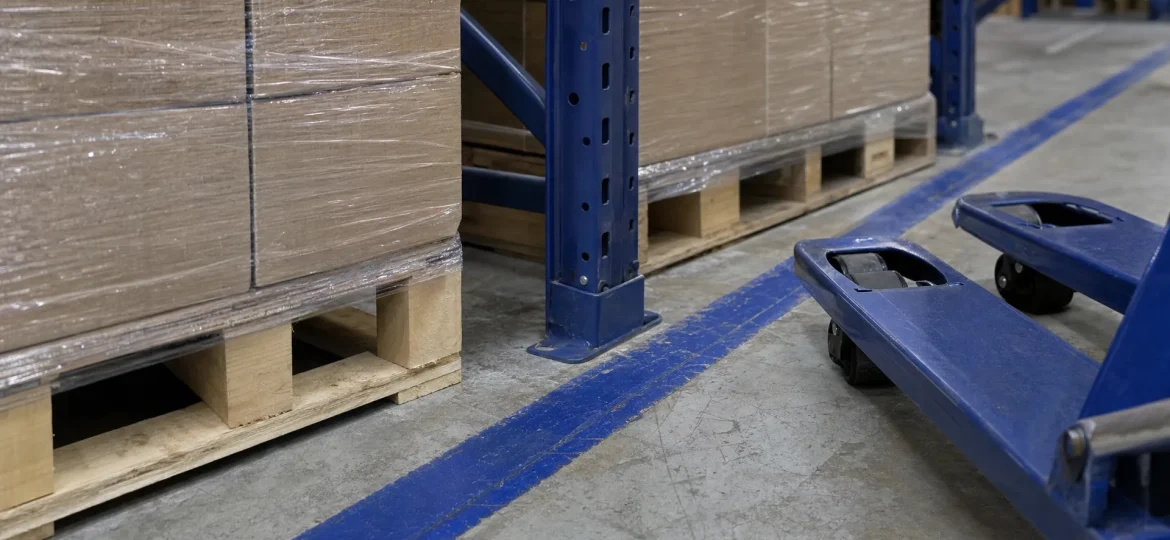 Close-up of pallets and aisle clearance in a UK warehouse storage bay.