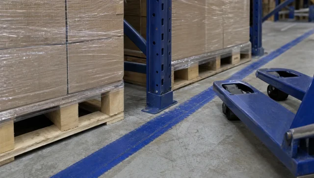 Close-up of pallets and aisle clearance in a UK warehouse storage bay.
