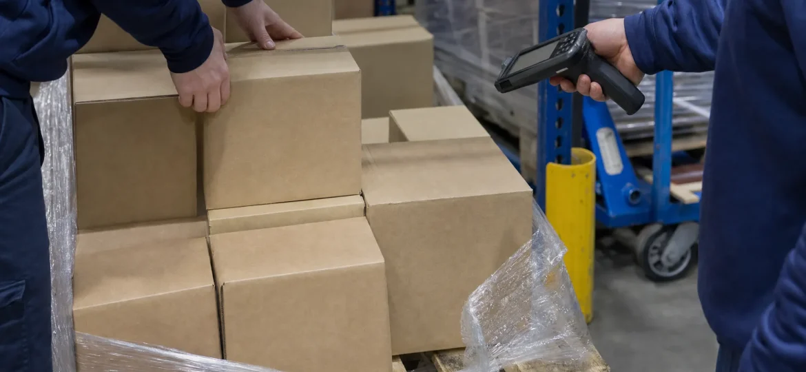 Hands count cartons from a reserve pallet in a UK warehouse while a scanner checks the stock.