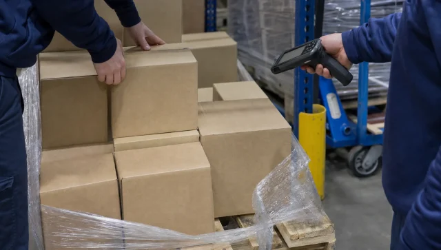 Hands count cartons from a reserve pallet in a UK warehouse while a scanner checks the stock.