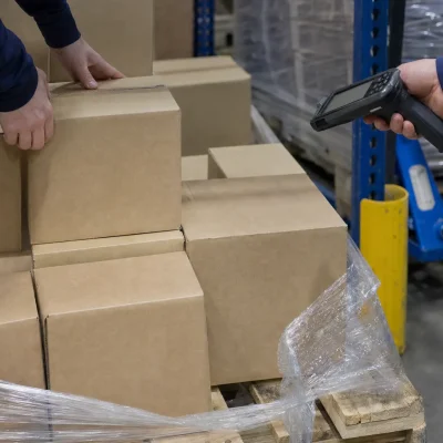 Hands count cartons from a reserve pallet in a UK warehouse while a scanner checks the stock.
