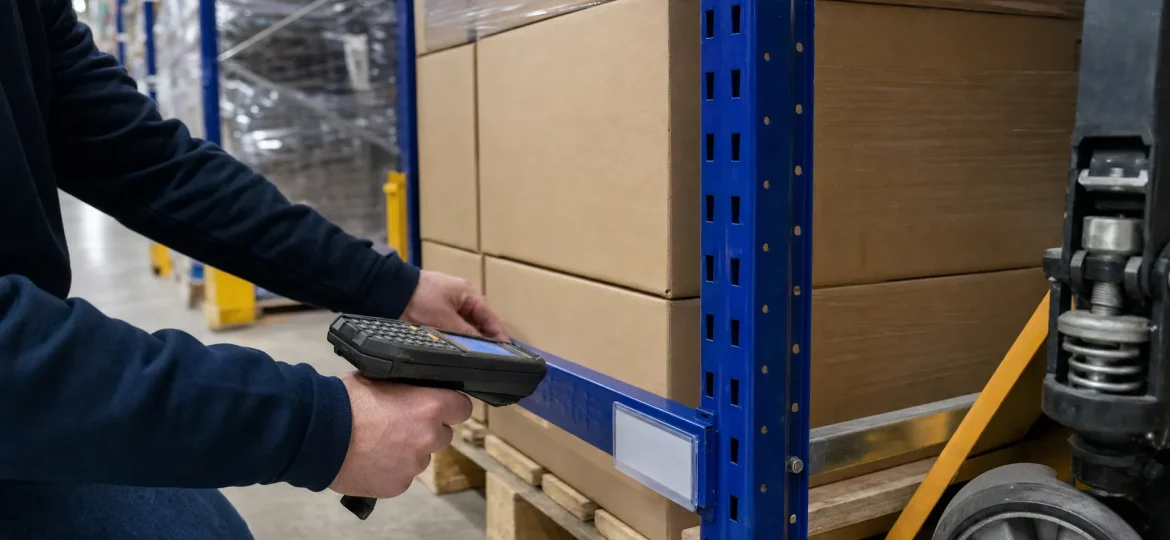 Hands in a warehouse check a pallet of plain cartons with a scanner beside racking, showing stock verification for inventory shrinkage.