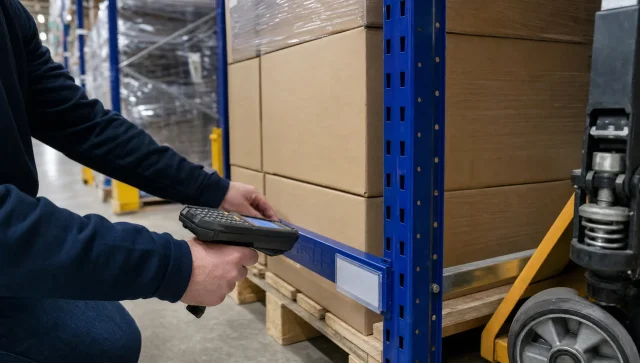 Hands in a warehouse check a pallet of plain cartons with a scanner beside racking, showing stock verification for inventory shrinkage.