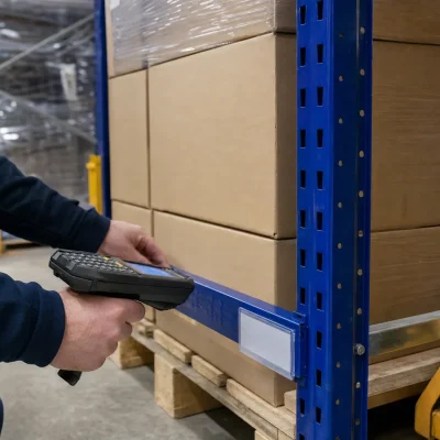 Hands in a warehouse check a pallet of plain cartons with a scanner beside racking, showing stock verification for inventory shrinkage.