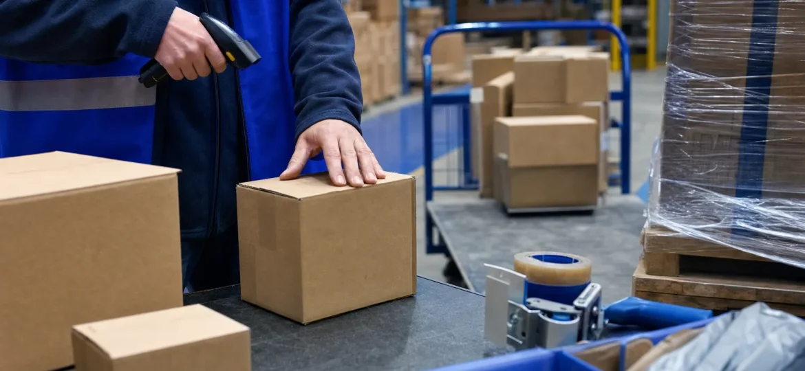 Hands sort parcels and wrapped freight in a warehouse packing area before different delivery services are handed over.