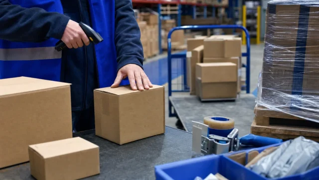 Hands sort parcels and wrapped freight in a warehouse packing area before different delivery services are handed over.