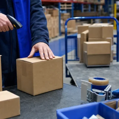 Hands sort parcels and wrapped freight in a warehouse packing area before different delivery services are handed over.