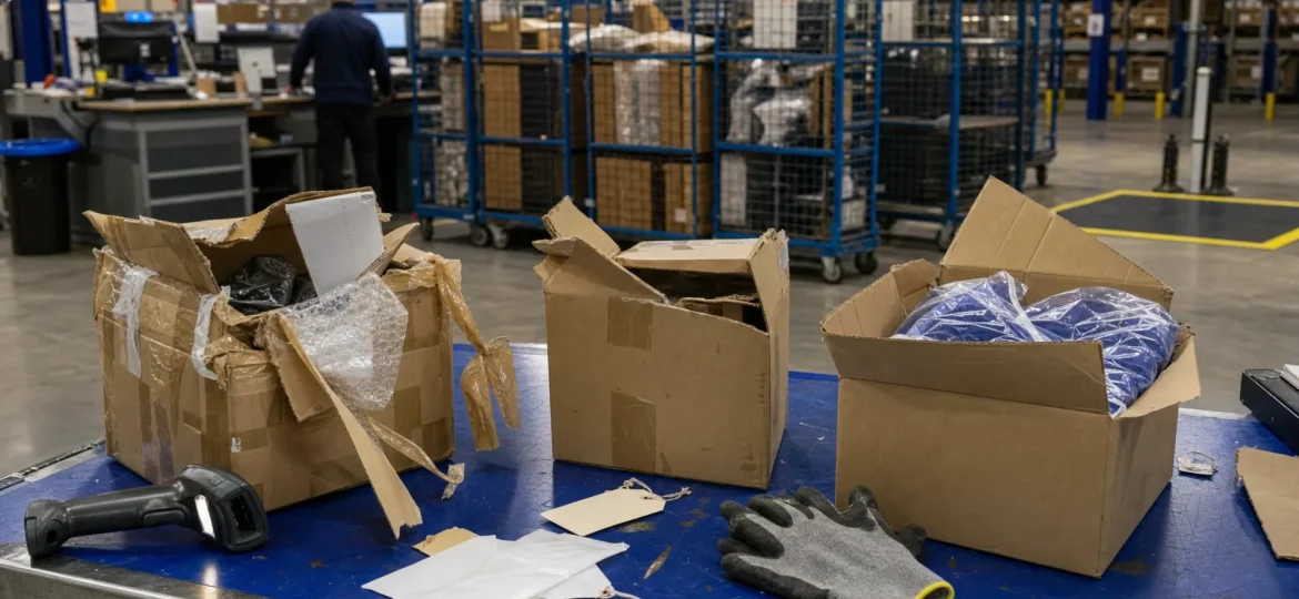 Opened parcels and a scanner on a warehouse returns bench, with sorting cages and pallet racking behind them.