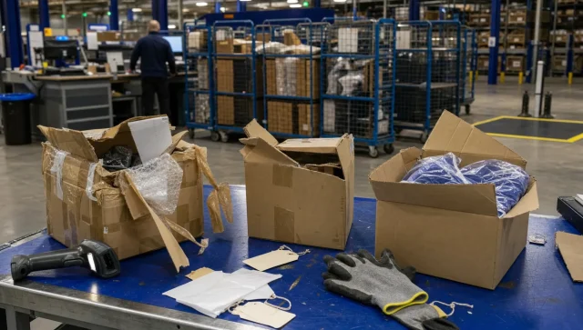 Opened parcels and a scanner on a warehouse returns bench, with sorting cages and pallet racking behind them.