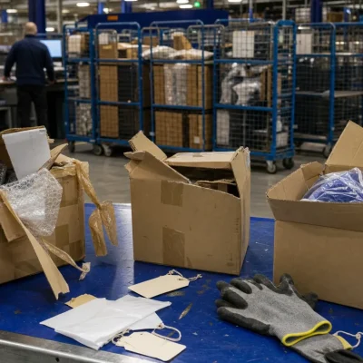 Opened parcels and a scanner on a warehouse returns bench, with sorting cages and pallet racking behind them.