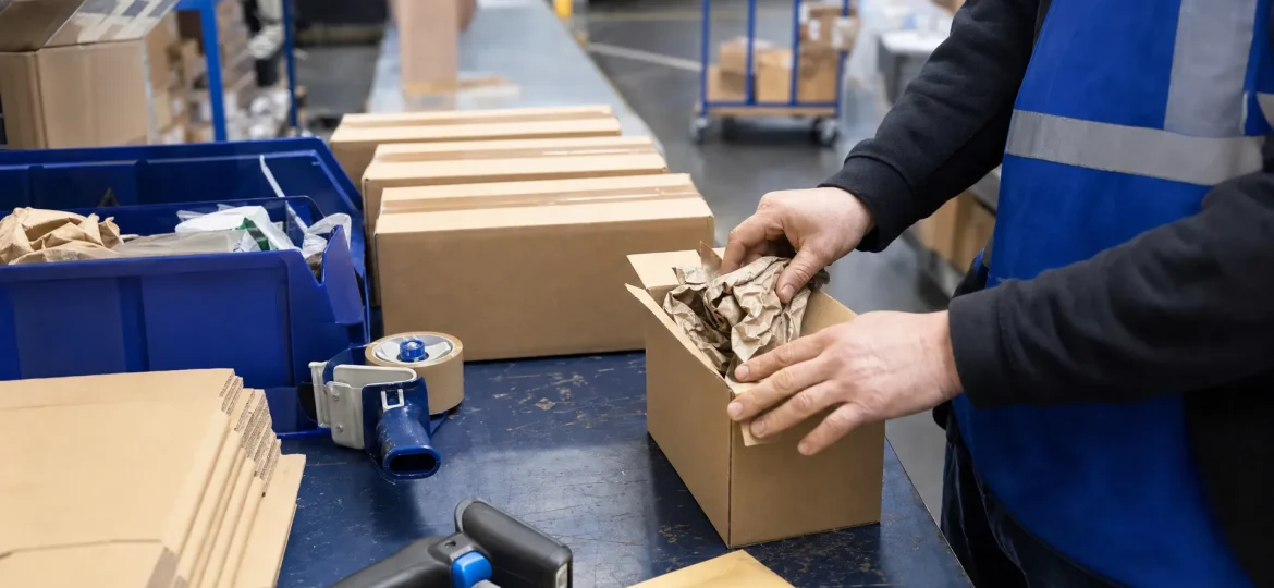 Packing bench in a UK fulfilment warehouse with plain cartons, void fill, tape and a scanner ready for dispatch.