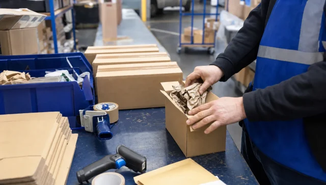 Packing bench in a UK fulfilment warehouse with plain cartons, void fill, tape and a scanner ready for dispatch.