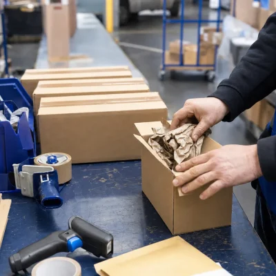 Packing bench in a UK fulfilment warehouse with plain cartons, void fill, tape and a scanner ready for dispatch.