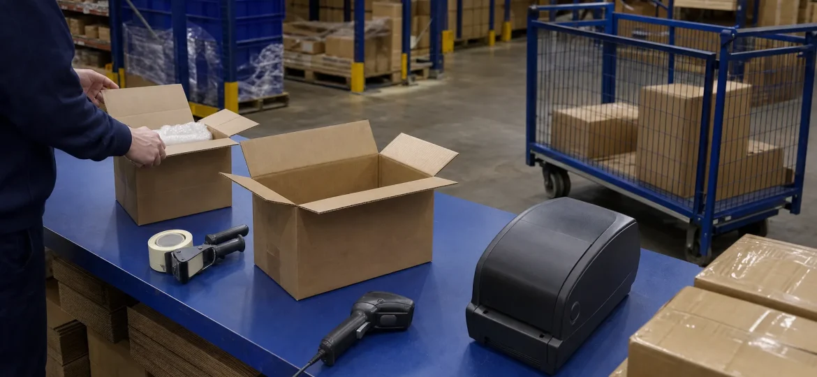 Plain cartons, a scanner and packing materials sit at a warehouse bench during Shopify fulfilment.