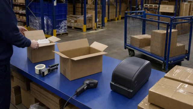 Plain cartons, a scanner and packing materials sit at a warehouse bench during Shopify fulfilment.
