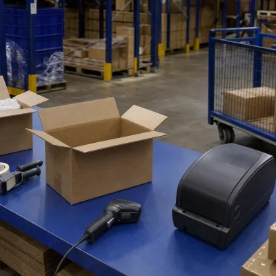 Plain cartons, a scanner and packing materials sit at a warehouse bench during Shopify fulfilment.