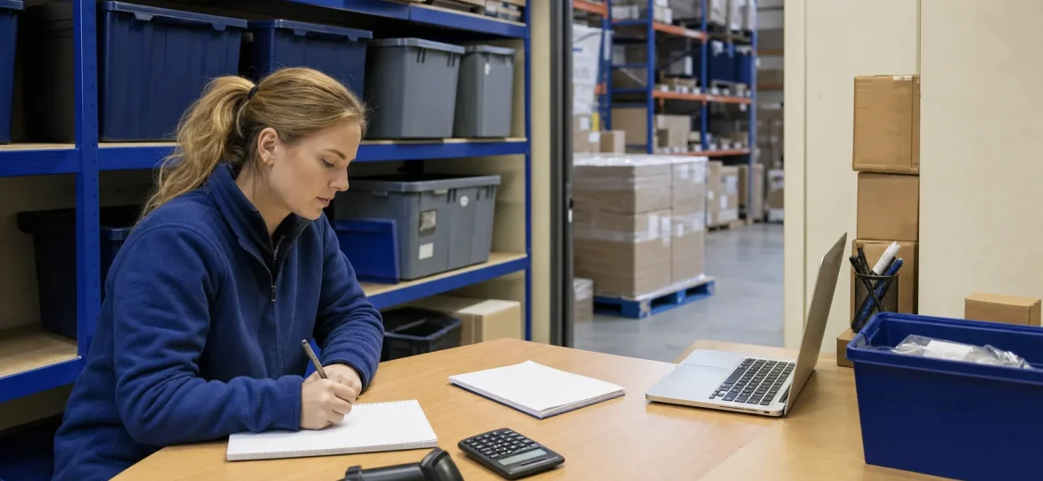 Plain cartons, a scanner and reserve stock in a small stockroom show the everyday side of preparing a fulfilment enquiry.