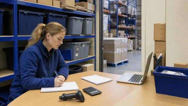 Plain cartons, a scanner and reserve stock in a small stockroom show the everyday side of preparing a fulfilment enquiry.