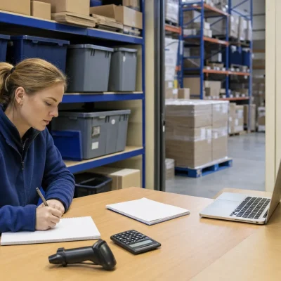 Plain cartons, a scanner and reserve stock in a small stockroom show the everyday side of preparing a fulfilment enquiry.