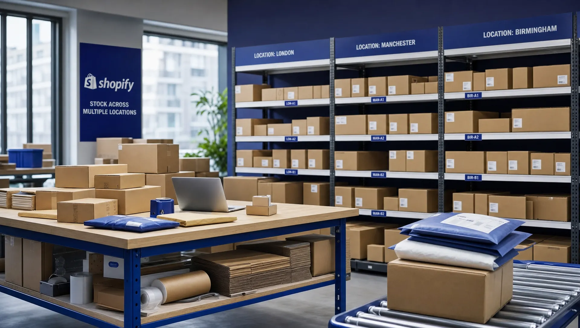 Shopify Multi-Location Inventory - How Does It Work With a Fulfilment Partner? 1 Plain cartons on warehouse benches and shelves are organised for Shopify stock across multiple locations, with parcels staged for dispatch.