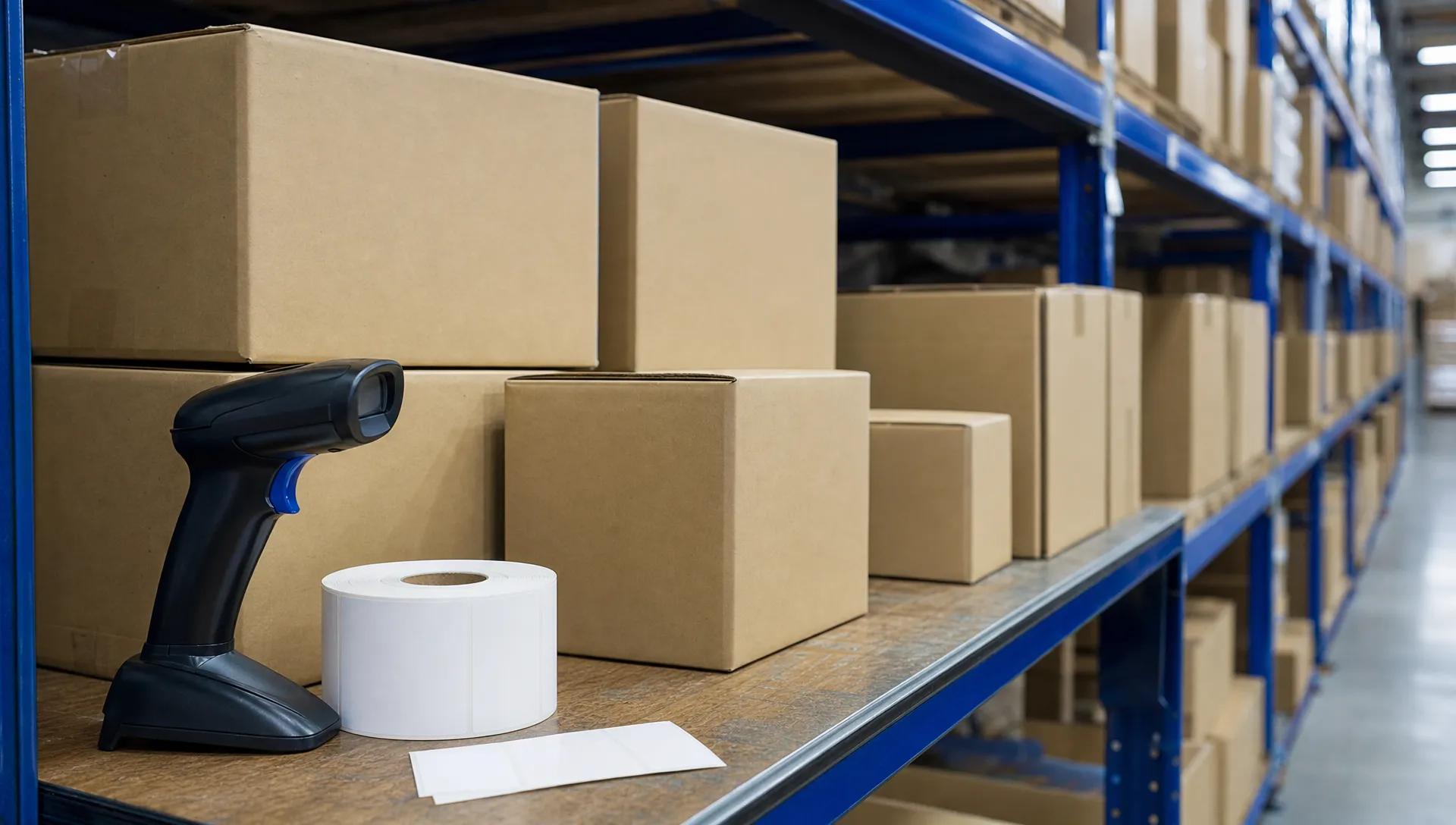 What Is Inventory Reconciliation and Why Do Stock Figures Go Wrong? 1 Plain cartons on warehouse racking sit beside a scanner and blank labels during stock reconciliation.
