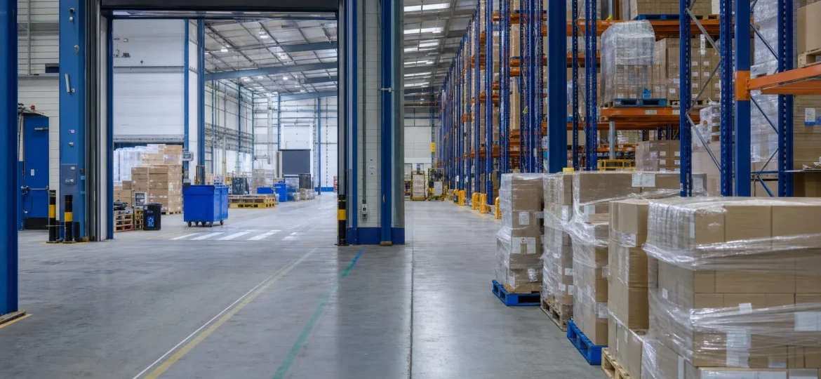 Tall pallet racking and wrapped stock in a UK warehouse show the storage base behind eCommerce fulfilment.