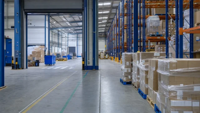 Tall pallet racking and wrapped stock in a UK warehouse show the storage base behind eCommerce fulfilment.
