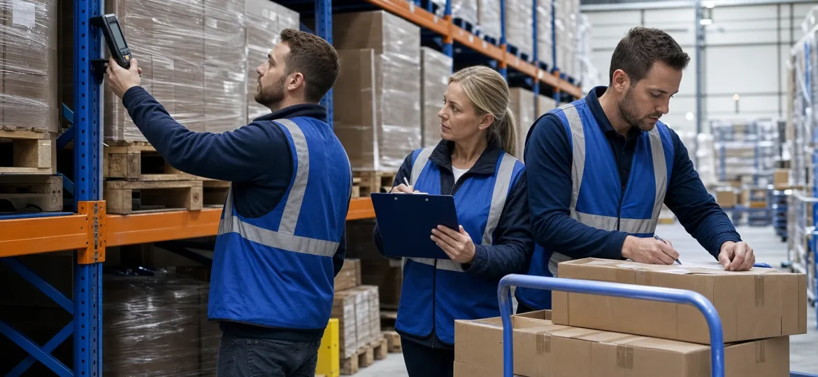 Three warehouse staff compare a pallet count with a scanner while reconciling stock figures.