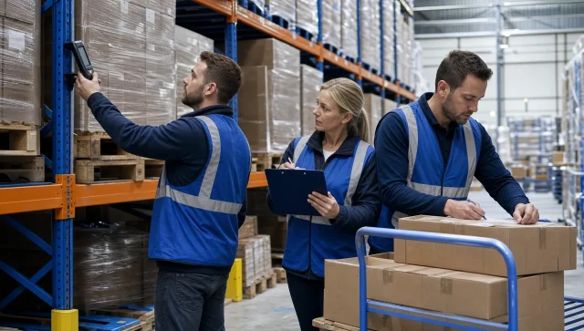 Three warehouse staff compare a pallet count with a scanner while reconciling stock figures.