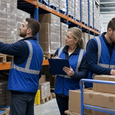Three warehouse staff compare a pallet count with a scanner while reconciling stock figures.