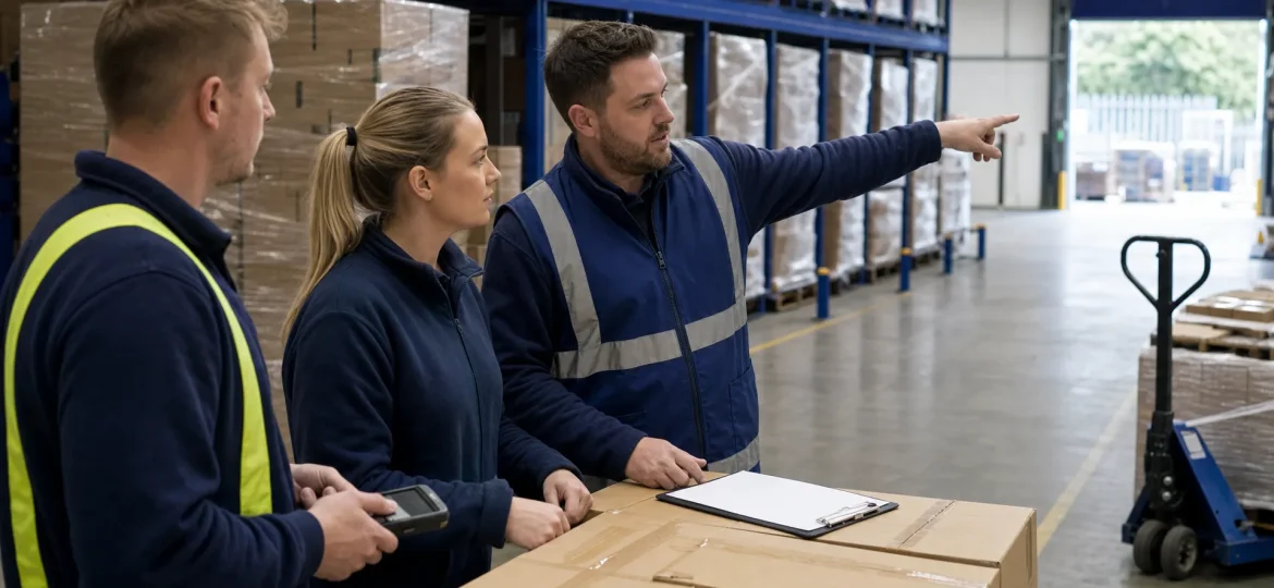 Three warehouse staff discuss stock and packing details beside pallets during 3PL onboarding in a UK warehouse.