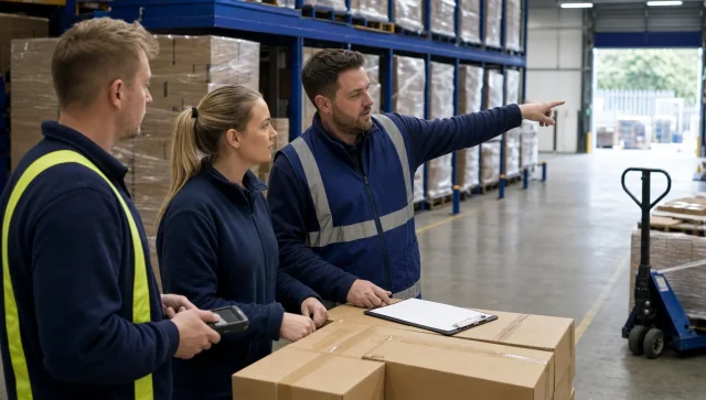 Three warehouse staff discuss stock and packing details beside pallets during 3PL onboarding in a UK warehouse.