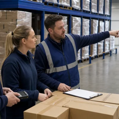 Three warehouse staff discuss stock and packing details beside pallets during 3PL onboarding in a UK warehouse.