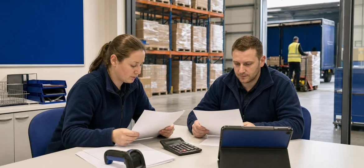Two operations staff review stock planning at a warehouse table with racking visible behind them.