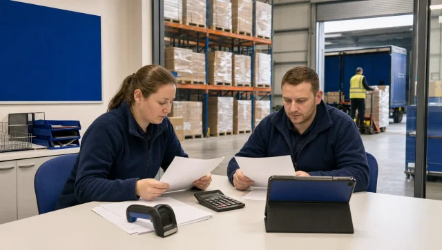 Two operations staff review stock planning at a warehouse table with racking visible behind them.