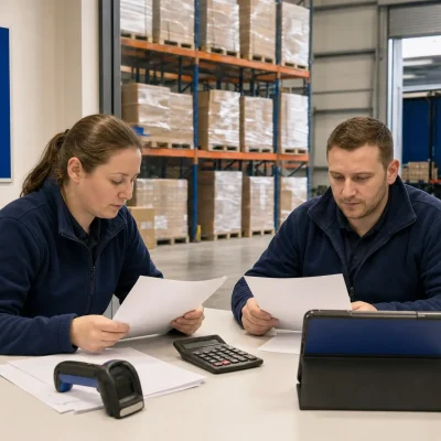 Two operations staff review stock planning at a warehouse table with racking visible behind them.