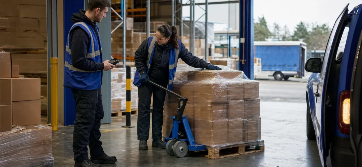 Two warehouse operatives checking incoming pallets beside a right-hand drive vehicle at a UK loading bay.