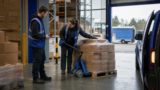 Two warehouse operatives checking incoming pallets beside a right-hand drive vehicle at a UK loading bay.