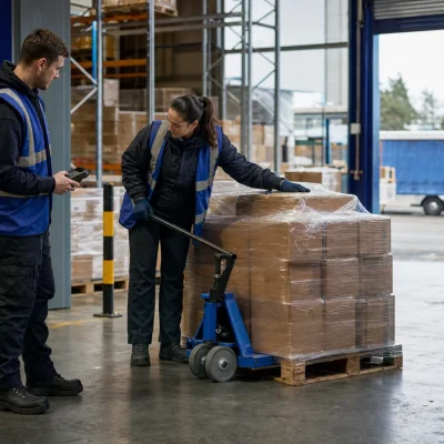 Two warehouse operatives checking incoming pallets beside a right-hand drive vehicle at a UK loading bay.