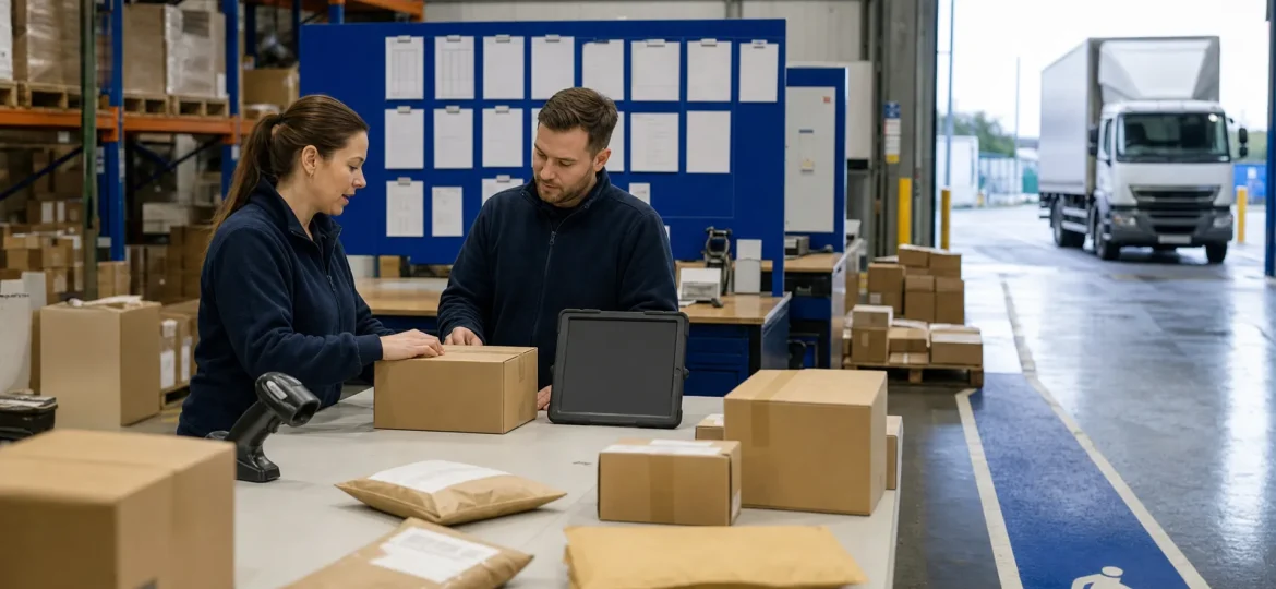 Two warehouse staff review parcels at a dispatch control table in a UK logistics warehouse.